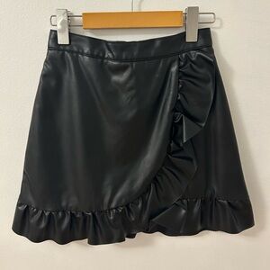 Black Faux Leather Wrap Mini Skirt with Ruffle Trim